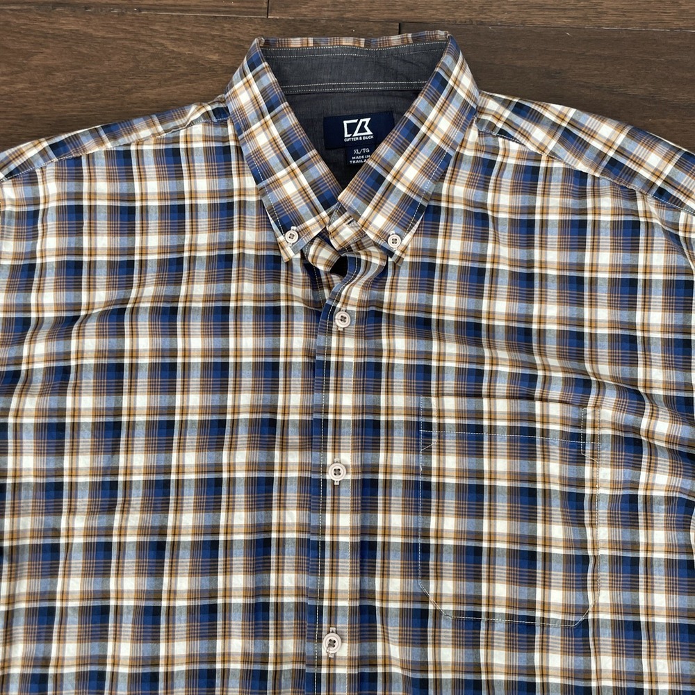 Cutter & Buck Shirt Men XL Blue Long Plaid Sleeve Button Down Casual Golf